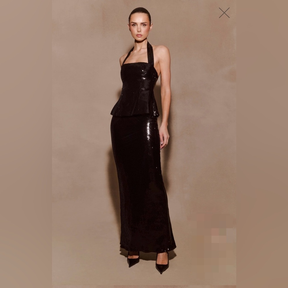 Bertie Sequin Peplum Halter Maxi Dress